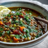 Close-up of simmering Mung Bean Soup with tender vegetables and cumin seeds in a rustic pot.