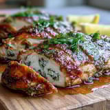 Sliced oven baked chicken breast revealing juicy interior, served alongside roasted vegetables on a white plate for a healthy dinner.