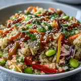 A drizzle of creamy peanut dressing coats this nourishing Thai Coconut Quinoa Bowl for a savory finish.