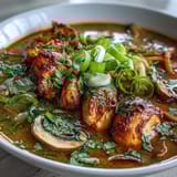 Spicy and creamy Thai Coconut Curry Soup Bowl topped with fresh cilantro, sliced chilies, and a lime wedge.