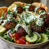 Drizzled with tahini and tangy tzatziki, this colorful falafel bowl showcases fresh vegetables and a wholesome vegetarian dinner idea.