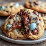 Cadbury Mini Egg Easter Chocolate Chip Cookies with colorful candy eggs and melted chocolate chips.