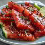 A vibrant plate of watermelon slices dusted with Tajin and lime, offering a perfect blend of sweet, spicy, and citrus flavors.