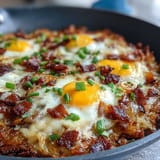 Hearty Father's Day breakfast skillet showcasing golden hash browns, bacon, and veggies.