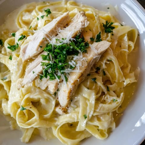 A comforting dish of fettuccine Alfredo, featuring tender pasta and a decadent, cheesy sauce.