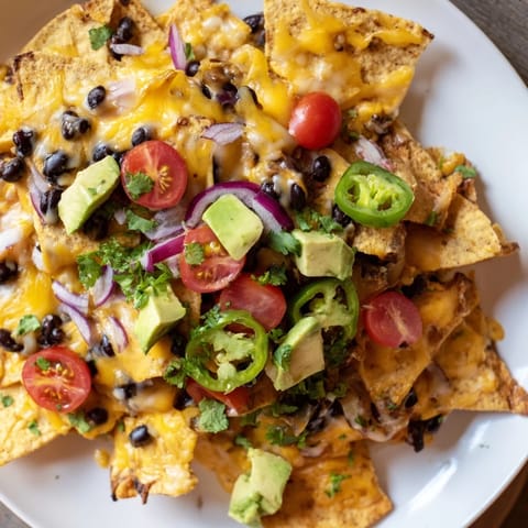 A platter overflowing with savory nachos, featuring melted cheese and colorful toppings, looks delicious.