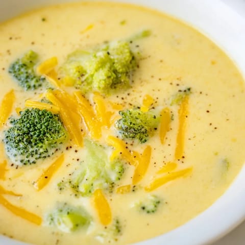 Steaming hot Broccoli Cheese Soup, thick and yellow, with a sprinkle of black pepper on top.