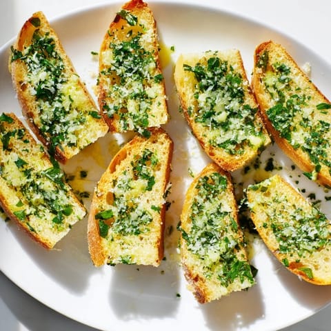 Close-up of freshly baked garlic bread, beautifully layered with herb butter, offering a savory aroma.