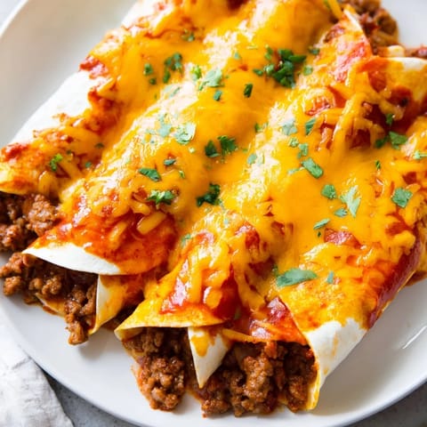A close-up of fully assembled Beef Enchiladas, smothered in red sauce, invitingly cheesy and flavorful.