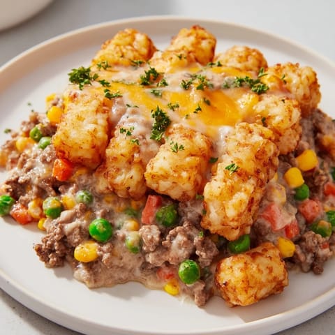 Golden, crispy tater tots crown a savory Tater Tot Casserole filled with ground beef and cheese.