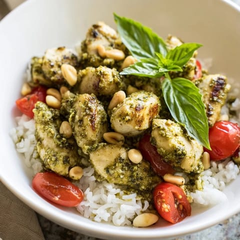 Colorful Chicken Pesto Rice Bowl garnished with pine nuts and Parmesan, perfect for a quick and healthy weeknight dinner.