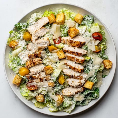 Sliced grilled chicken breast fans over crisp romaine, drizzled with creamy Greek yogurt Caesar dressing in this vibrant salad.  