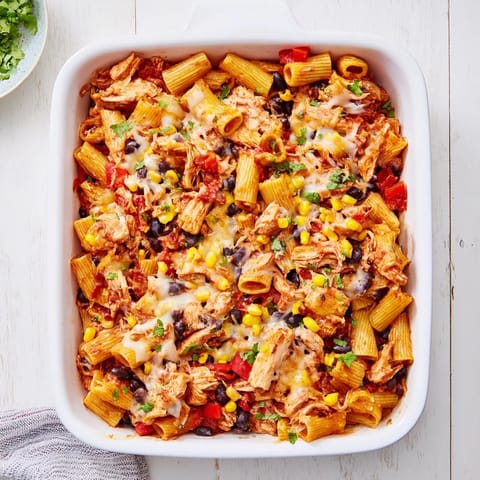 Fresh cilantro and lime garnish this easy, family-friendly Chicken Burrito Pasta Bake ready for weeknight dinnertime.