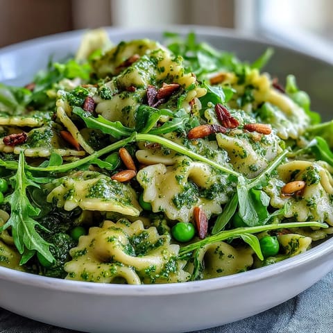 Vibrant Spring Green Pesto Pasta Salad bursting with fresh basil, peas, and crunchy pine nuts.