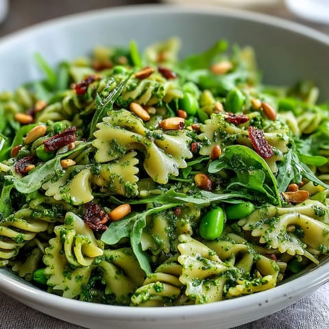 Cold Spring Green Pesto Pasta Salad with lemon zest, arugula, and creamy pesto.