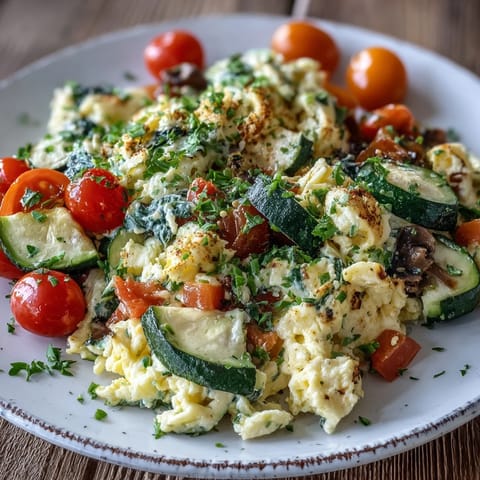 A close-up of a colorful egg and vegetable scramble, garnished with fresh chives on a rustic table.