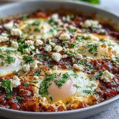 Vibrant shakshuka in a skillet, featuring poached eggs nestled in a spiced tomato and pepper sauce, garnished with fresh parsley.  