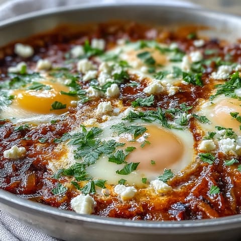 A close-up view of bubbling shakshuka with runny yolks and crumbled feta, ready to be scooped up with warm pita.  