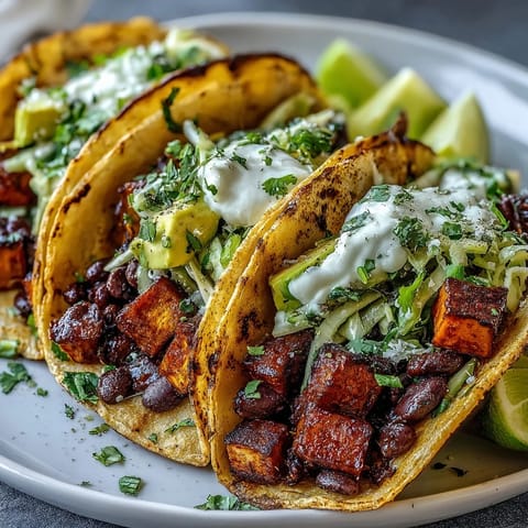 A vibrant platter of Black Bean and Sweet Potato Tacos topped with avocado, red cabbage, and fresh cilantro on warm corn tortillas.