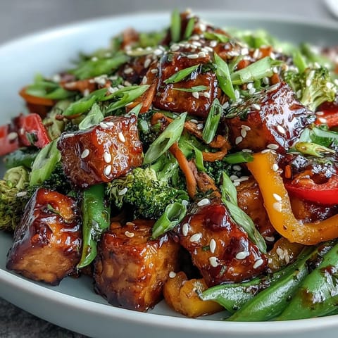 A close-up of Vegetable Tempeh Stir-Fry with fresh ginger, garlic, and sesame seeds.