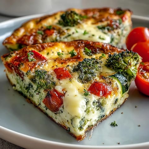 Freshly baked Vegetable Frittata bubbling with sharp cheddar cheese, red peppers, and zucchini, served warm from the skillet.
