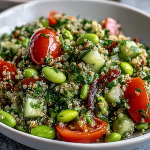 A vibrant bowl of Edamame and Quinoa Salad with cherry tomatoes, diced cucumber, and red bell pepper tossed in a zesty lemon dressing.