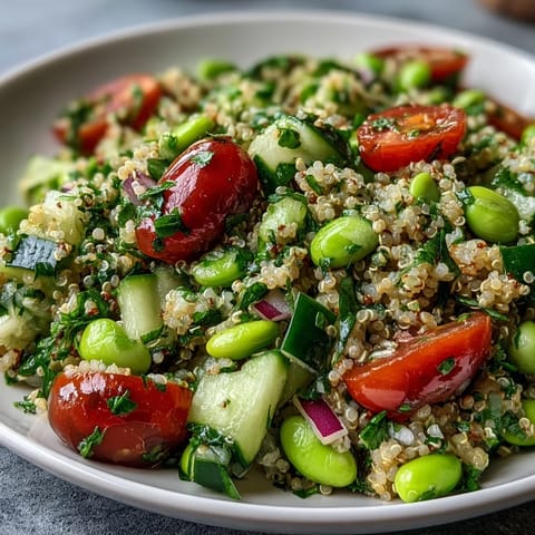 Hearty Edamame and Quinoa Salad served chilled with fresh parsley, mint, and a light citrus vinaigrette, perfect for a healthy lunch.