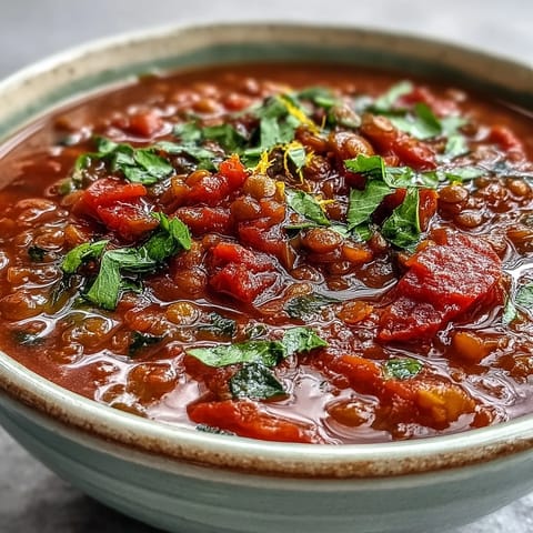 Steaming bowl of Tomato Lentil Soup with fresh parsley and lemon wedge, served beside crusty bread.