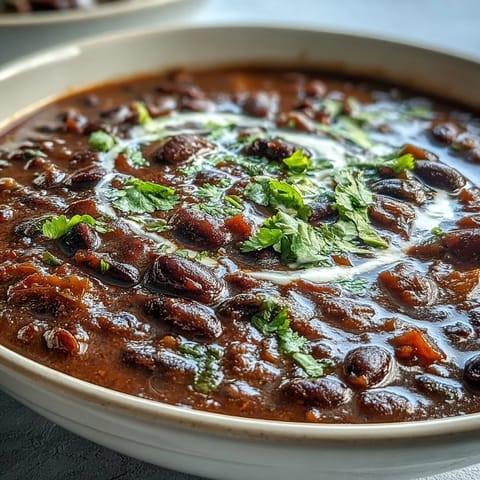 Creamy black bean soup garnished with cilantro and avocado in a rustic bowl.