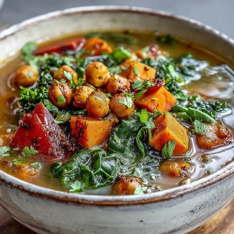A large pot of simmering Spiced Chickpea and Vegetable Soup with kale and tender vegetables, perfect for a chilly autumn evening.