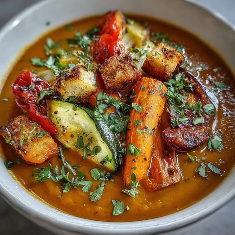 Freshly blended Roasted Vegetable Soup in a rustic bowl, garnished with chopped parsley and a swirl of olive oil.