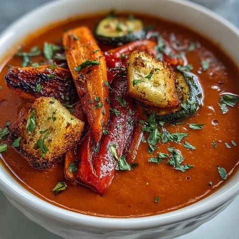 A spoon lifts a creamy scoop of Roasted Vegetable Soup, revealing velvety texture and colorful roasted vegetable puree.