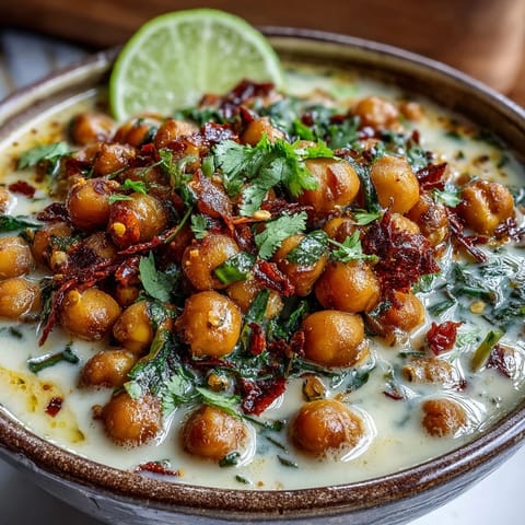 Creamy chickpea curry simmered in coconut milk, topped with fresh cilantro and lime wedges, served over steamed basmati rice for a hearty vegan meal.