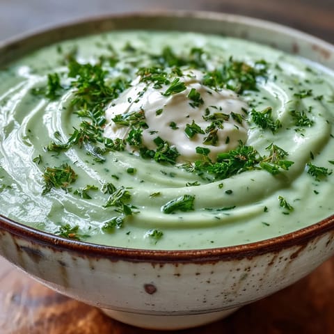 Creamy Celery and Herb Soup swirled with white crème fraîche in a rustic white bowl with fresh herbs.