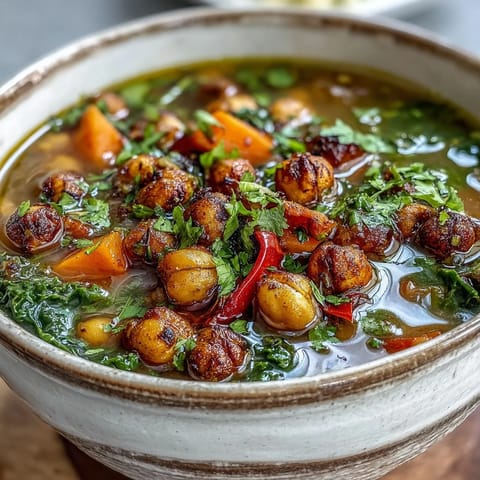 Close-up of golden roasted chickpeas on a baking sheet, the main topping for Spiced Chickpea and Vegetable Soup served in cozy bowls.