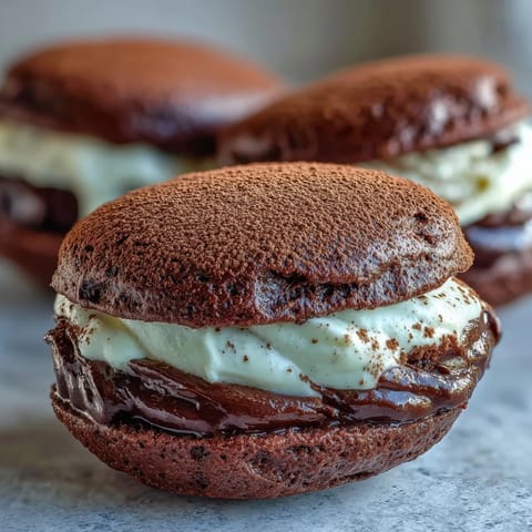 Two soft, cocoa-dusted Tiramisu Whoopie Pies filled with creamy coffee mascarpone filling, resting on a marble counter.