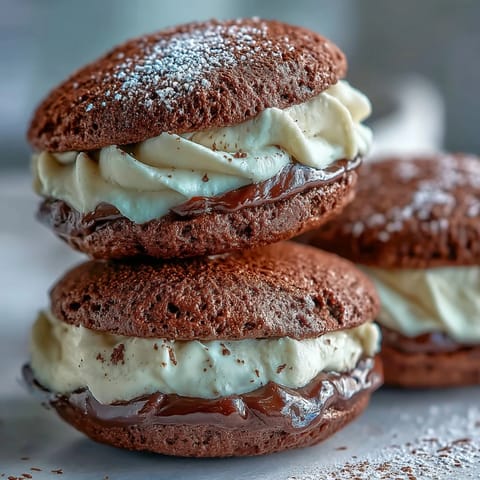 A half-bitten Tiramisu Whoopie Pie reveals its fluffy chocolate cake interior and rich espresso mascarpone cream.