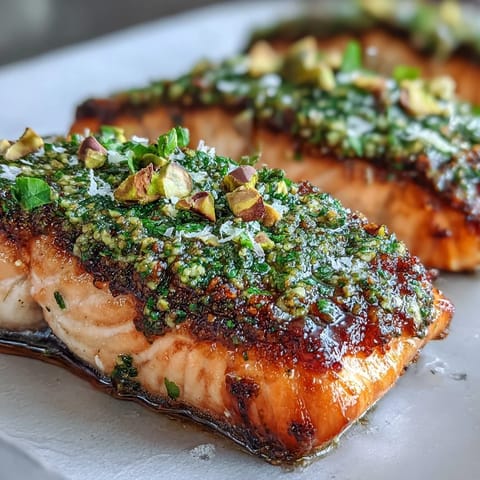A close-up of Confit Salmon With Tahini, Pistachio and Herb Crust with a vibrant green, nutty topping and fresh herb garnish.