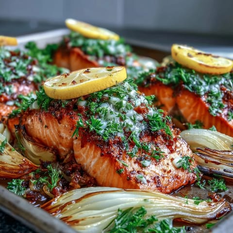 Flaky, perfectly cooked One-Pan Roast Salmon nestled among tender roasted leeks and onions, drizzled with zesty parsley dressing on a white plate.