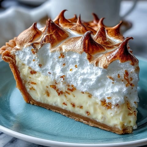 Freshly baked Lemon Meringue Pie with a golden-brown, torched meringue topping and bright yellow citrus filling in a flaky crust.