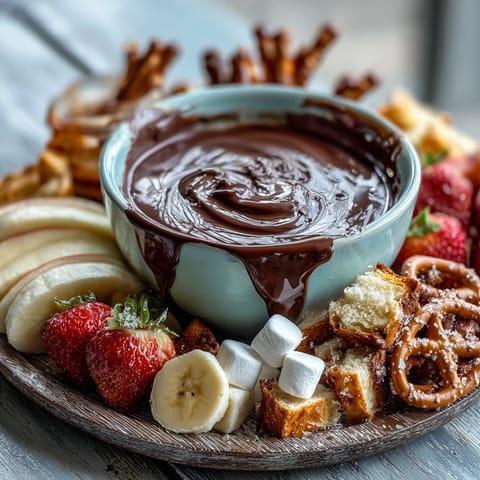 Steaming Boozy Chocolate Fondue in a ceramic pot with fruit, marshmallows, and pound cake dippers.