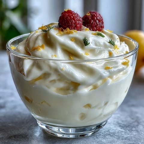 Bright, chilled lemon fool served in a glass with whipped cream, lemon zest, and fresh berries. 