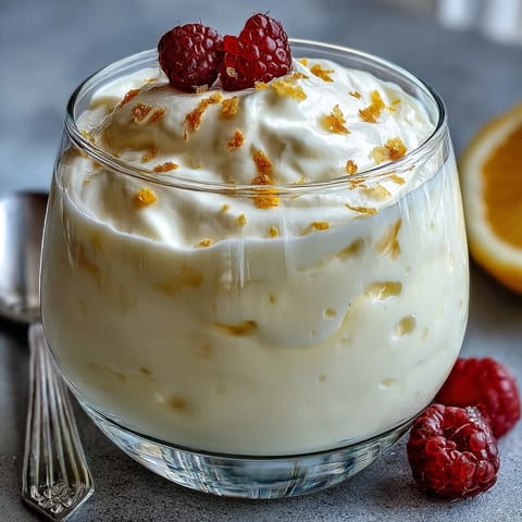 Creamy lemon fool in a dessert glass, topped with shortbread biscuit and zesty garnish. 