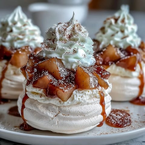 Crisp Mini Hot Toddy Pavlovas topped with spiced pears and fluffy whipped cream on a ceramic plate. 