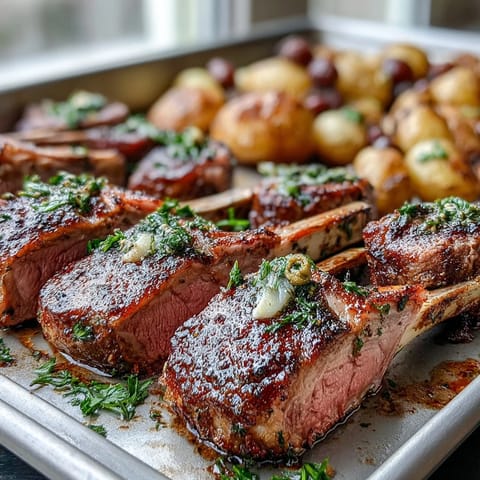 Golden-brown rack of lamb with rosemary and garlic, roasted alongside halved baby potatoes studded with green olives and lemon zest, served on a warm platter.