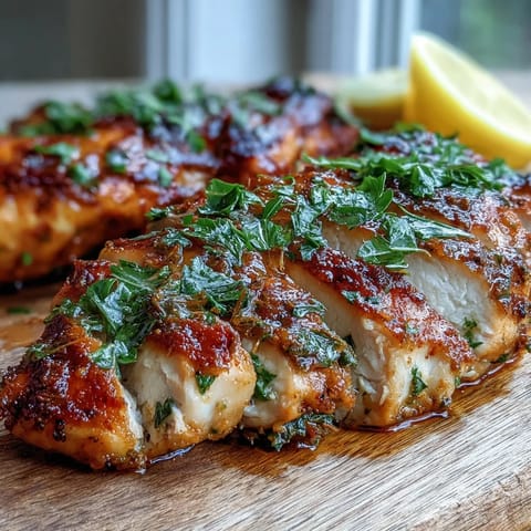 Golden-brown oven baked chicken breast seasoned with paprika and herbs on a baking sheet, garnished with fresh parsley and lemon.