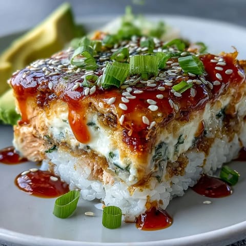 Freshly baked Spicy Salmon Sushi Bake garnished with sliced avocado, sesame seeds, and drizzles of creamy sriracha mayo.