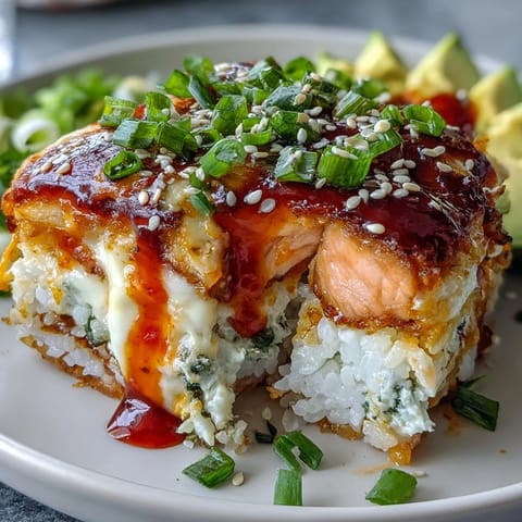 Golden melted cheese bubbles over the spicy salmon layer of a homemade Spicy Salmon Sushi Bake casserole.