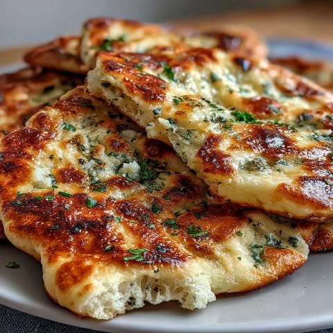 Freshly baked The Best Easy Garlic Naan Bread with golden brown bubbles and melted garlic butter brushed on top.