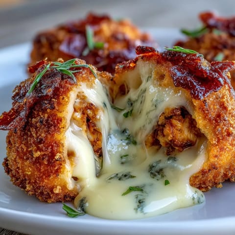 Golden-brown Buffalo Chicken Bacon Mozzarella Bombs on a rustic platter, breadcrumbs extra crunchy.